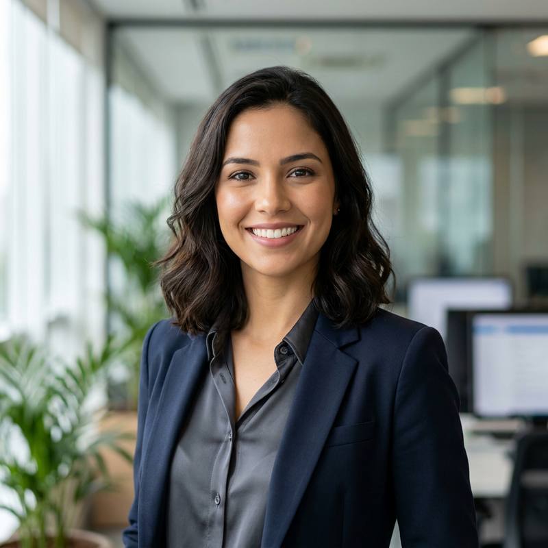 Consultora de atendimento da Vrexolu sorrindo em um escritório moderno e bem iluminado