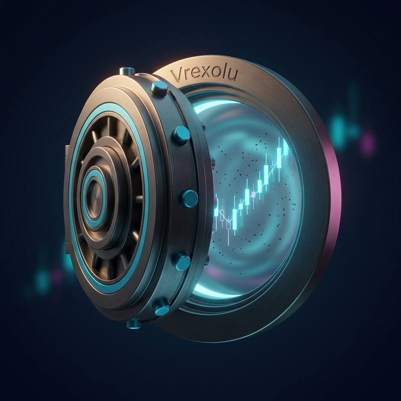Cofre digital com a marca Vrexolu gravada, cercado por anéis metálicos iluminados, com um gráfico de alta visível no interior