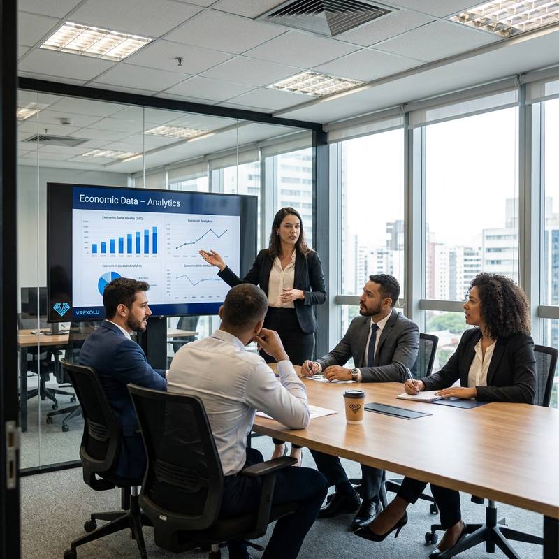 Equipe da Vrexolu em uma sala de reunião com vista para prédios, analisando um painel de dados econômicos exibido em uma tela na parede